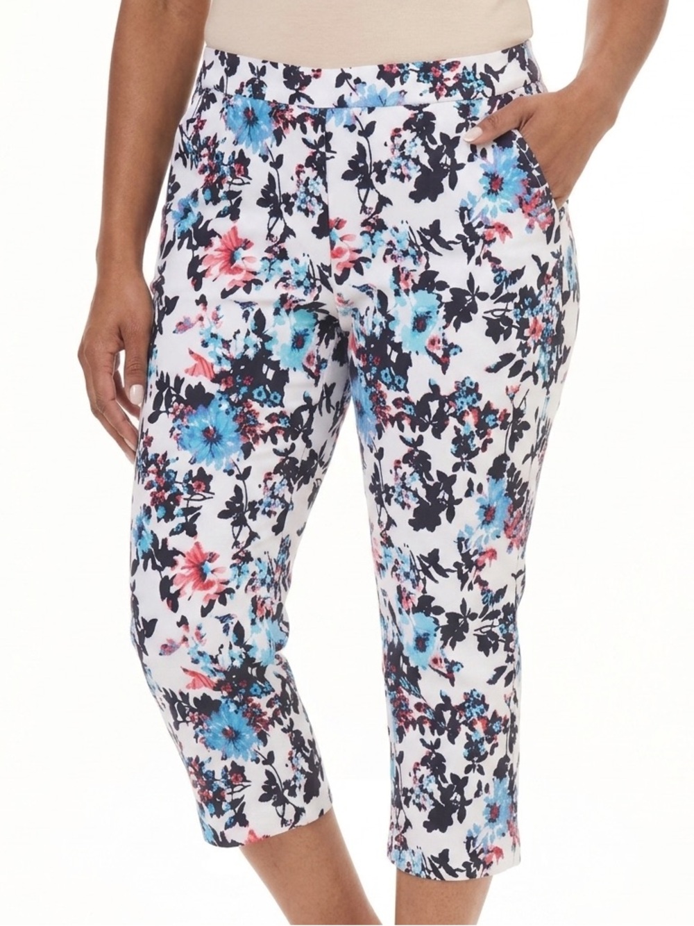 St. John's Bay Crop White Multicolour Floral Capris Pants With Pockets Size 6
